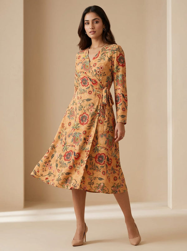 Peach Ethnic Botanical Floral Vine French Crepe Digital Printed Fabric - Wrap Dress Lookbook - FC-0-AA822-110 - alternate view