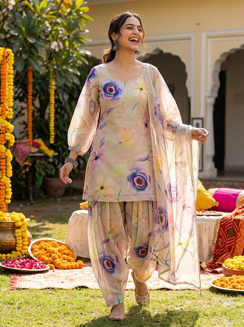 Multicolor Watercolour Floral Bloom Linen Satin Digital Printed Fabric