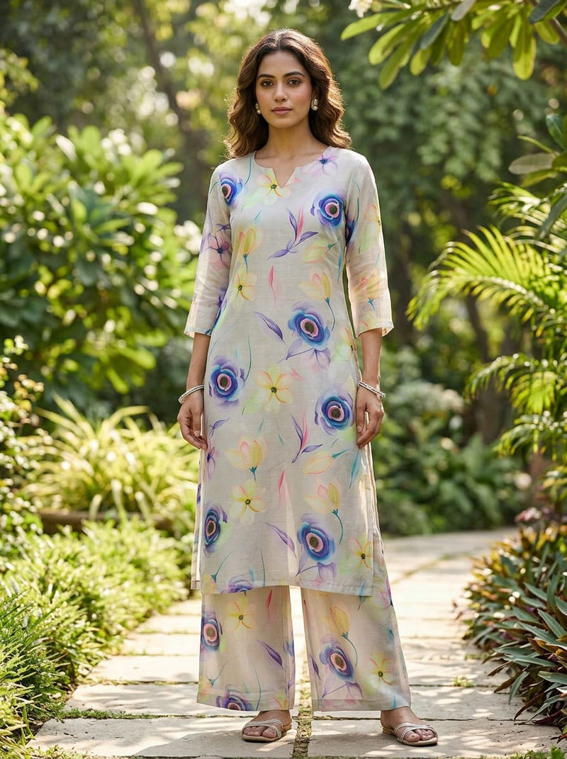Multicolor Watercolour Floral Bloom Linen Satin Digital Printed Fabric