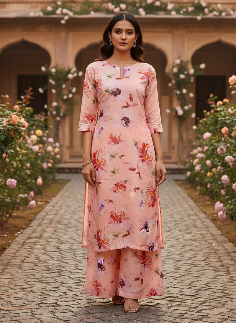 Peach Floral Linen Satin Fabric