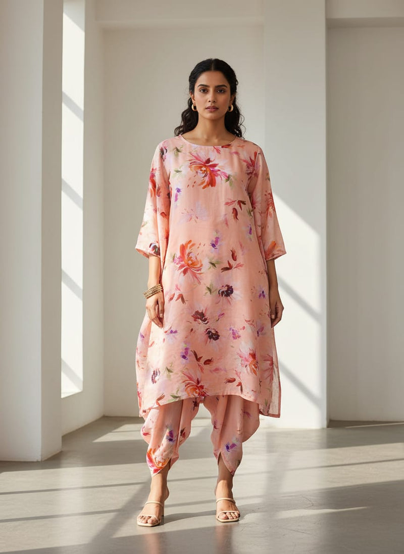 Peach Floral Linen Satin Fabric