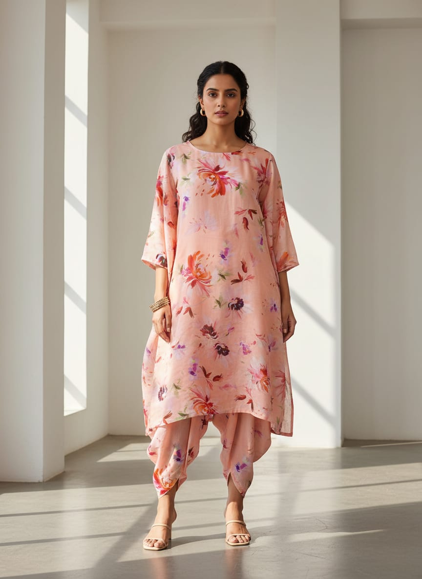 Peach Floral Linen Satin Fabric