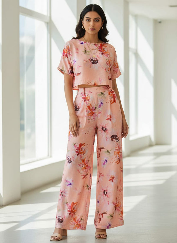 Peach Floral Linen Satin Fabric - Co-ord Set with Wide Leg Pants Lookbook - POLI-SA-AA841-110 - alternate view