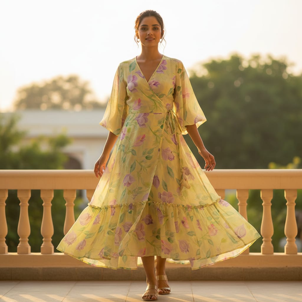 Yellow Floral Linen Satin Fabric