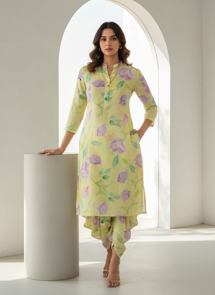Yellow Floral Linen Satin Fabric