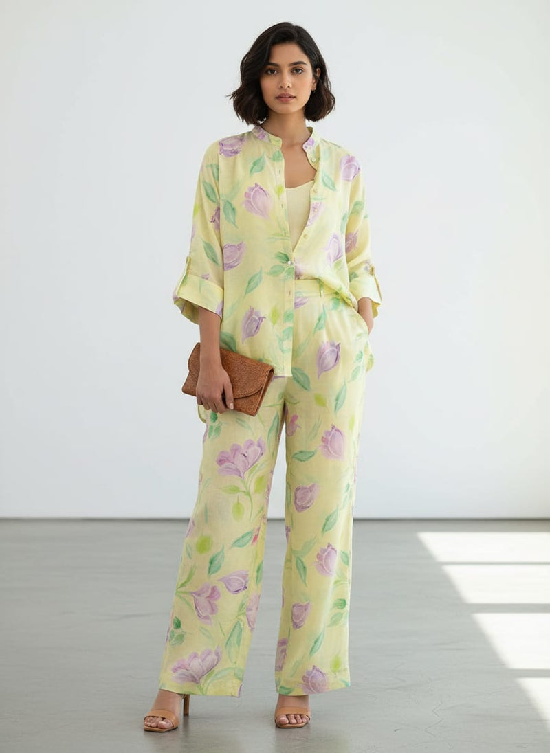 Yellow Floral Linen Satin Fabric