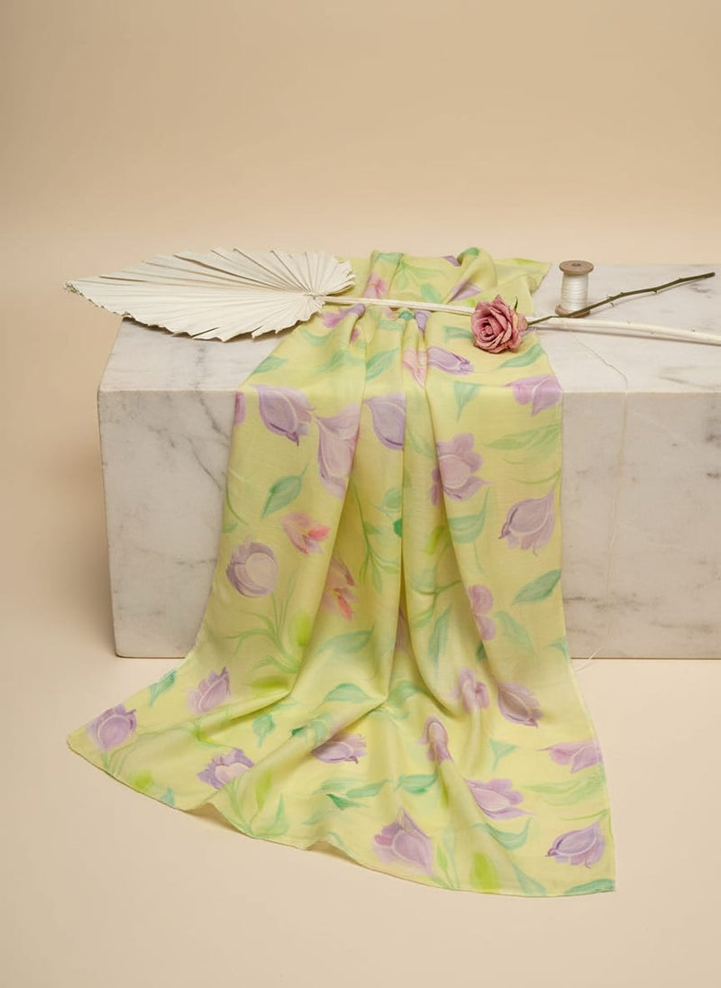 Yellow Floral Linen Satin Fabric