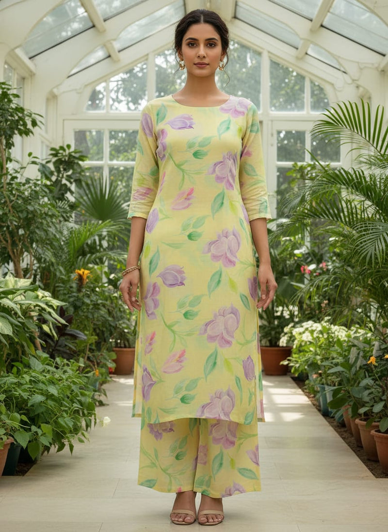 Yellow Floral Linen Satin Fabric