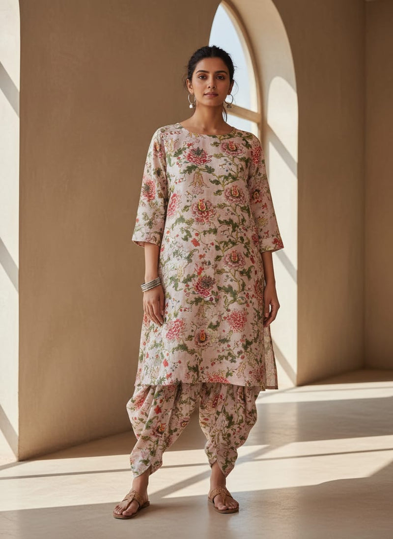 Pink Floral Linen Satin Fabric
