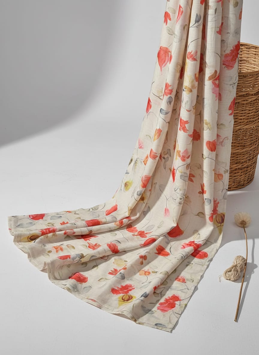 Multicolor Soft Painterly Floral Linen Satin Digital Printed Fabric