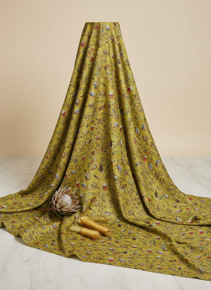 Lime Green Dola Silk Fabric with Vibrant Floral Print