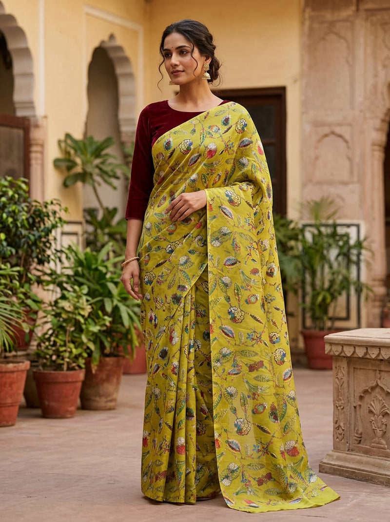 Olive Ethnic Floral and Botanical Print Dola Silk Digital Printed Fabric