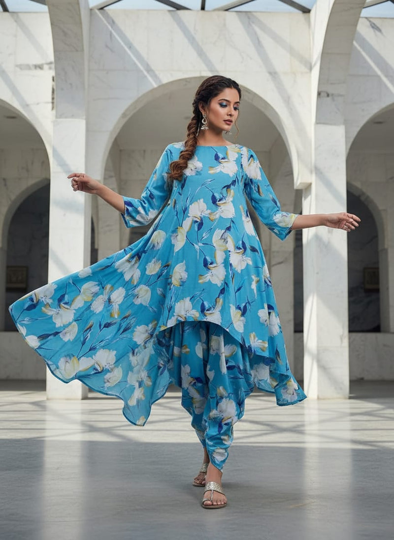 Turquoise Blue Floral Polyester Fabric for Dresses & Tops