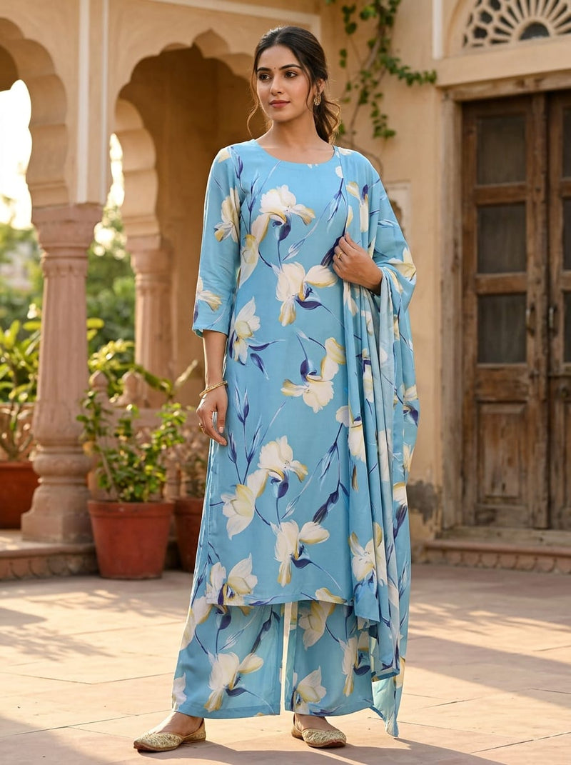 Blue Artistic Orchid Floral Premium Quality Digital Printed Fabric