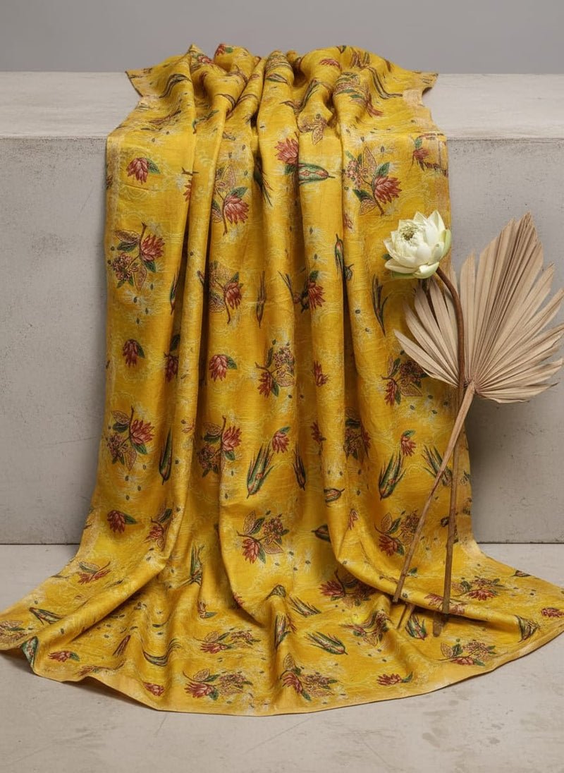 FAB VOGUE Studio Yellow Dola Silk Floral Printed Fabric