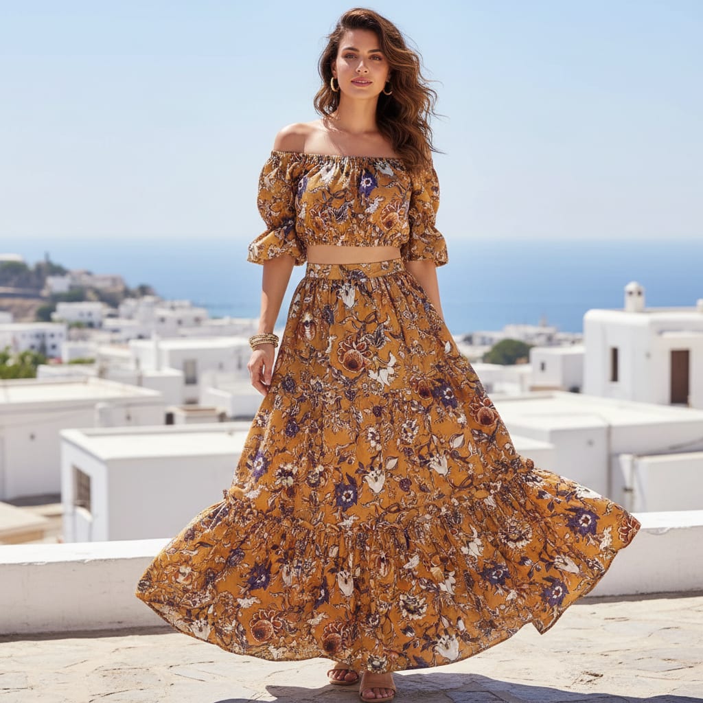Mustard Ethnic Floral Printed Polyester Fabric for Apparel & Decor