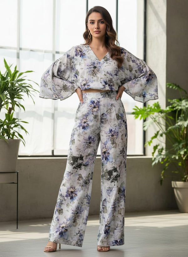 Blue Purple Floral Abstract Digital Print Polyester Fabric - Co-ord Set with Wide Leg Pants Lookbook - DPQ-0-AA755-145 - alternate view