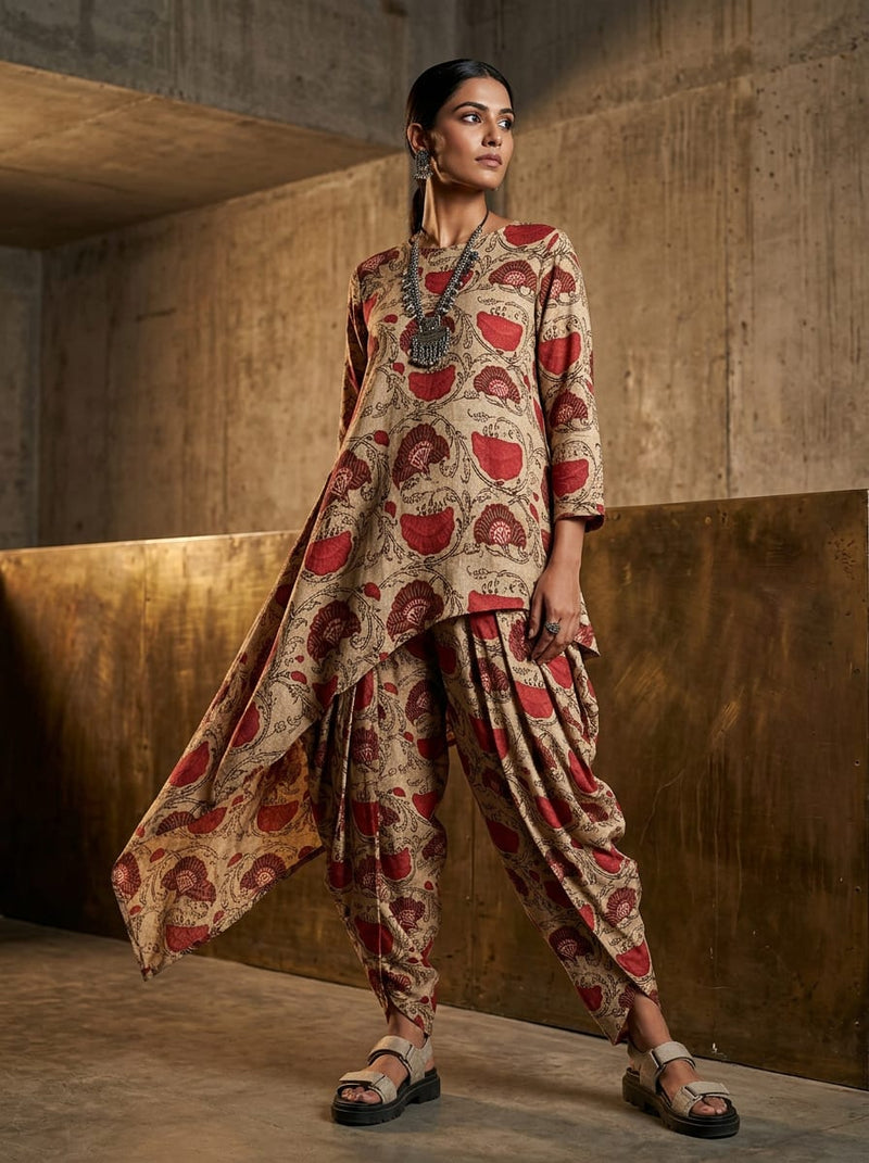 Cream Ethnic Block Print Style Floral Premium Quality Digital Printed Fabric