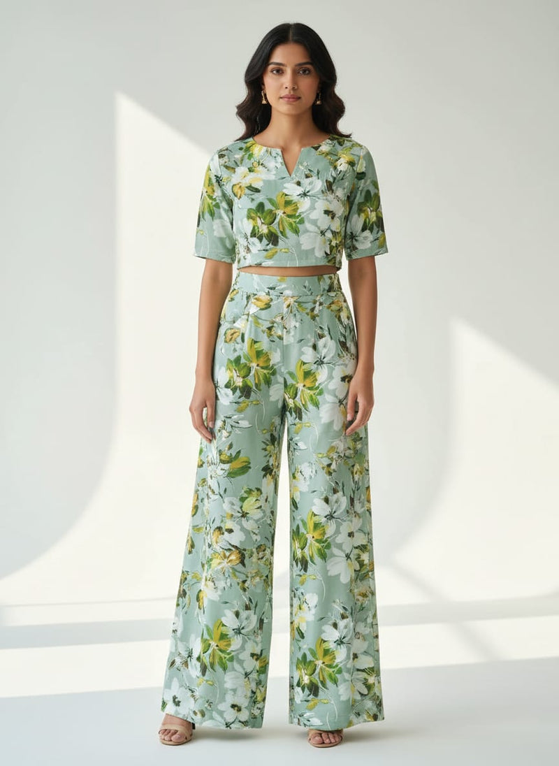 Sea Green & White Floral Printed Premium Polyester Fabric