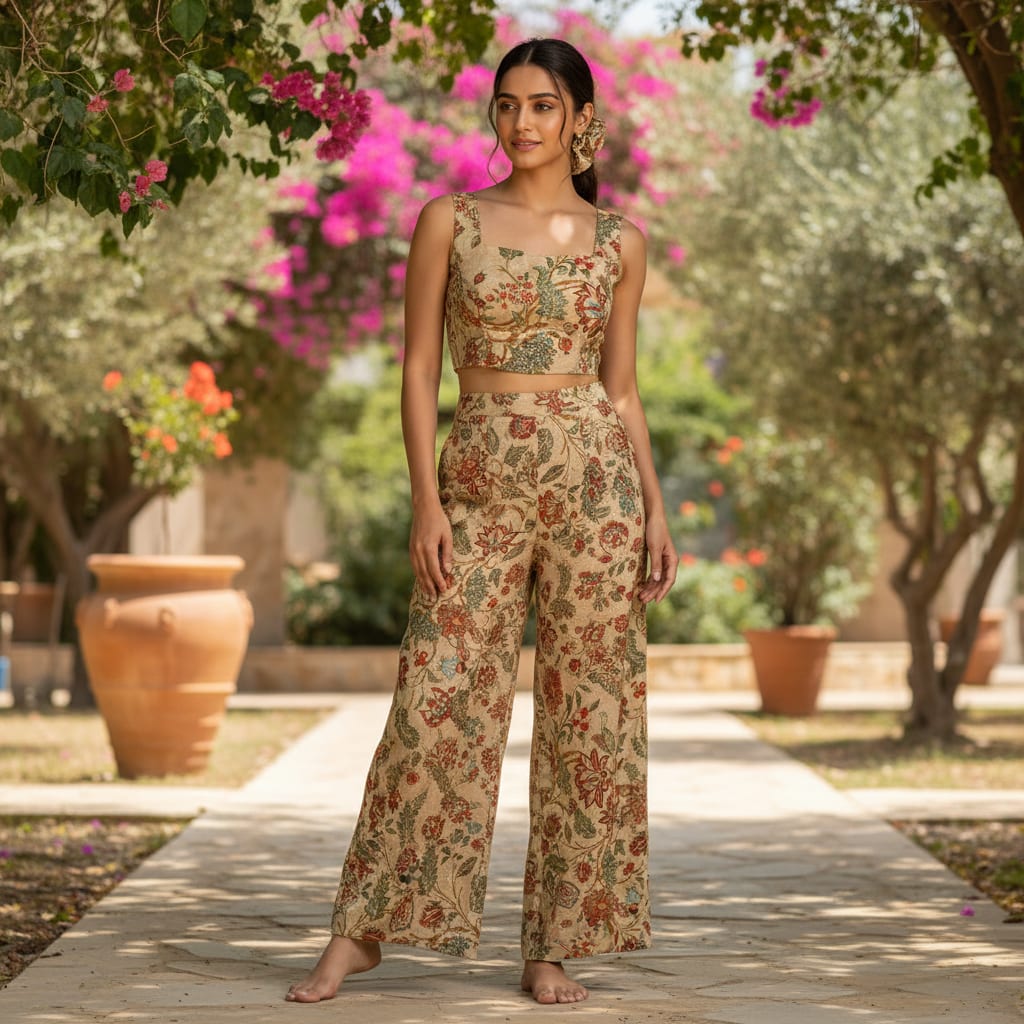 Beige Floral Printed French Crepe Polyester Fabric by FAB VOGUE Studio