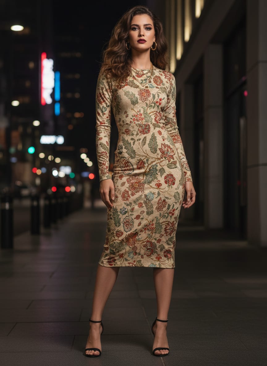Beige Floral Printed French Crepe Polyester Fabric by FAB VOGUE Studio