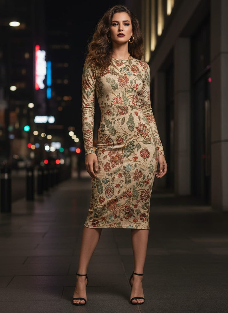Beige Floral Printed French Crepe Polyester Fabric by FAB VOGUE Studio