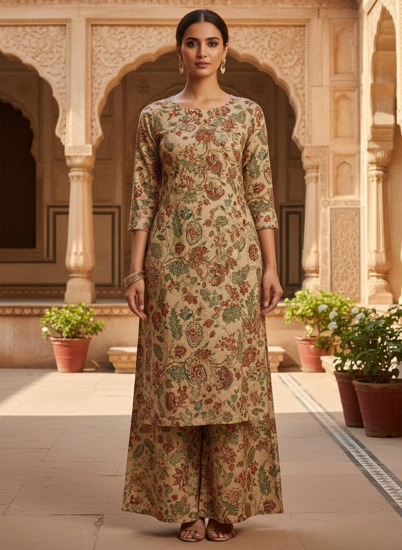 Beige Floral Printed French Crepe Polyester Fabric by FAB VOGUE Studio