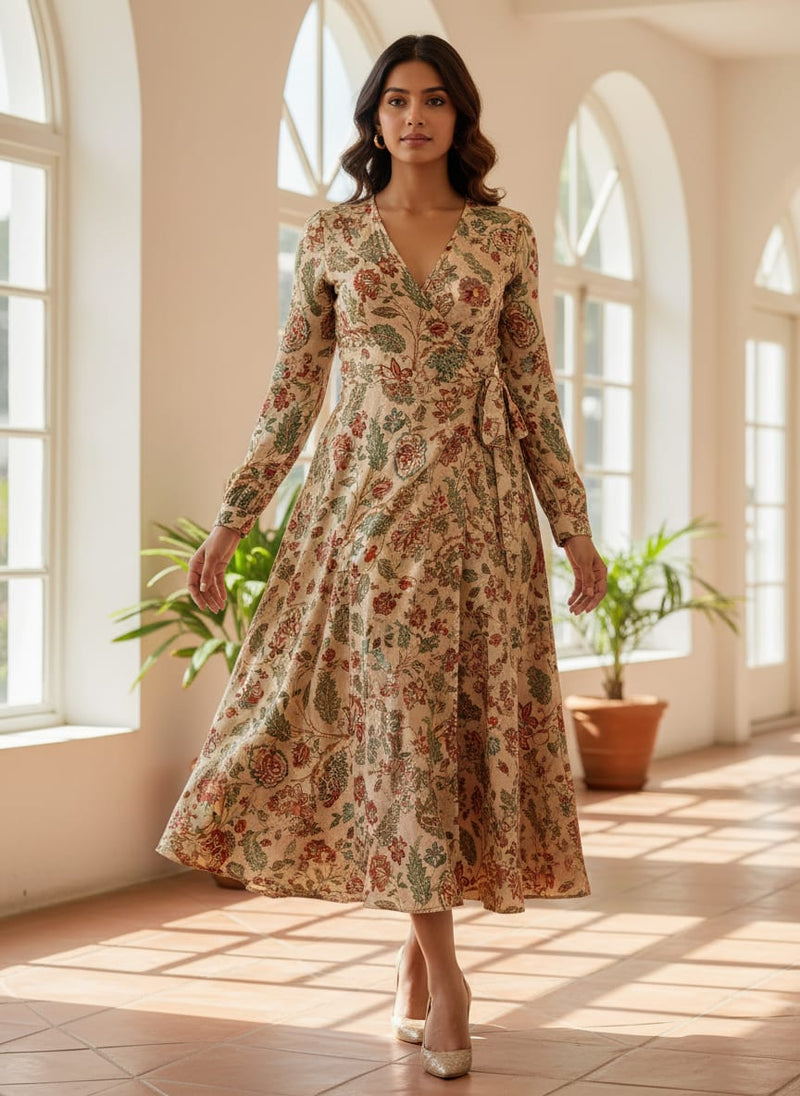 Beige Floral Printed French Crepe Polyester Fabric by FAB VOGUE Studio