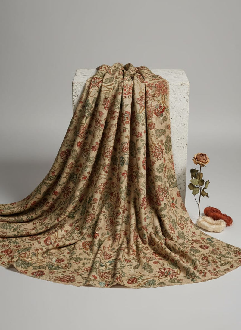 Beige Floral Printed French Crepe Polyester Fabric by FAB VOGUE Studio