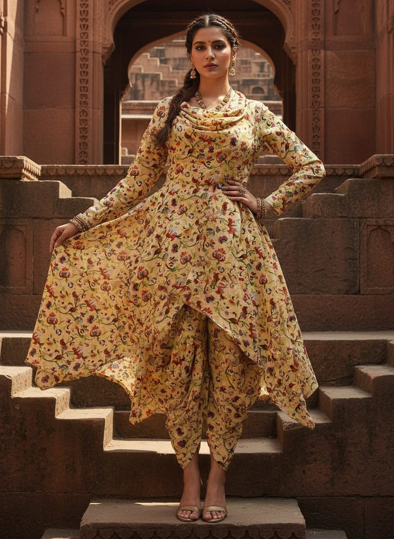 Cream Floral Polyester Fabric | Premium Print by FAB VOGUE Studio