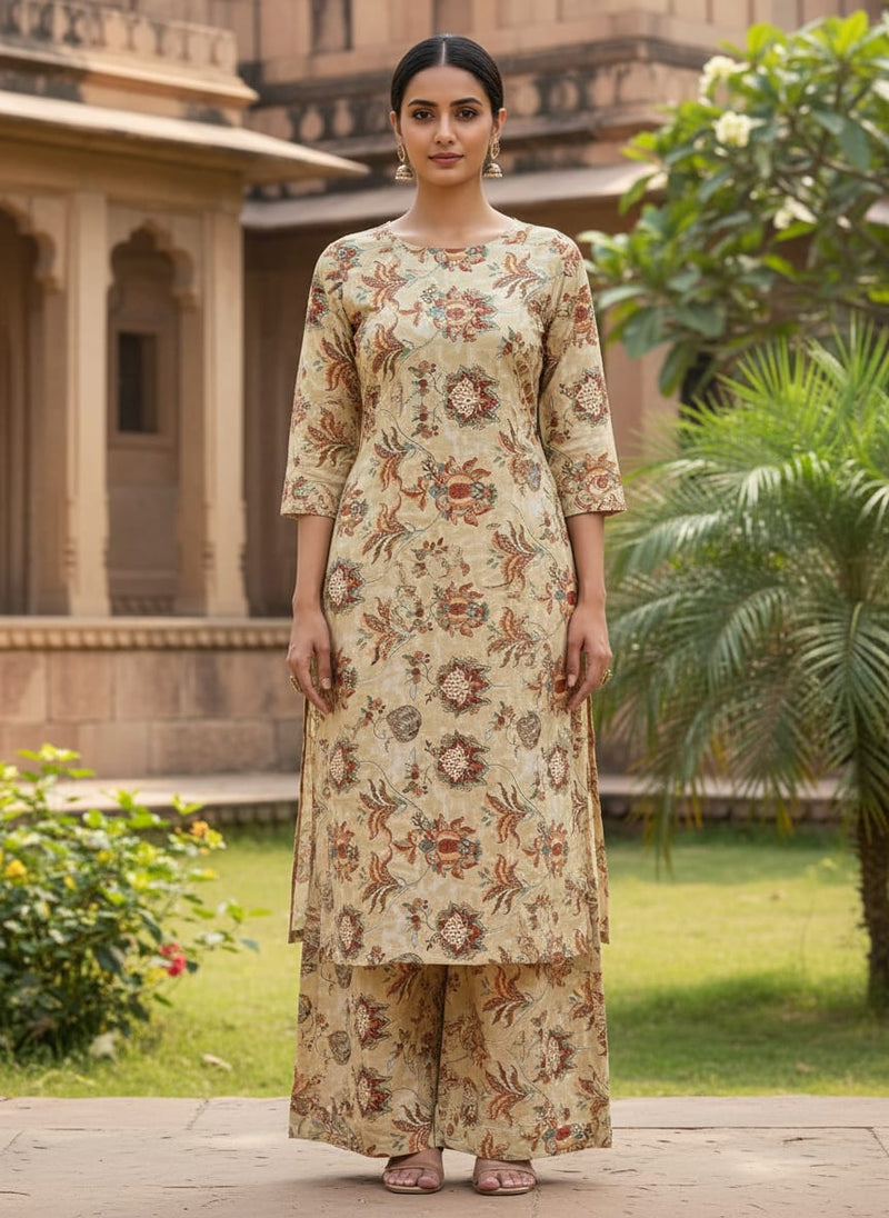 Premium Beige Floral Ethnic Polyester Fabric by FAB VOGUE Studio