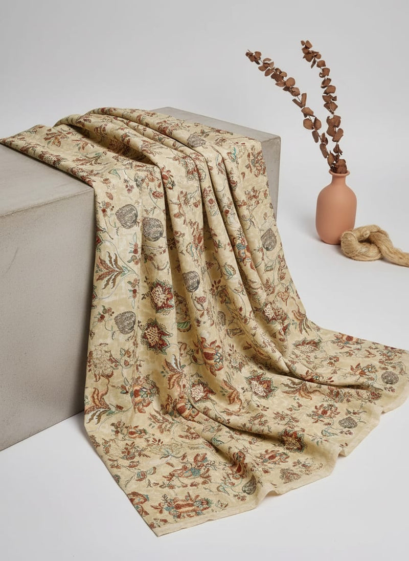 Premium Beige Floral Ethnic Polyester Fabric by FAB VOGUE Studio