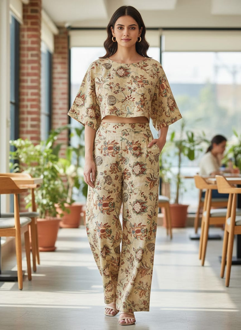 Premium Beige Floral Ethnic Polyester Fabric by FAB VOGUE Studio