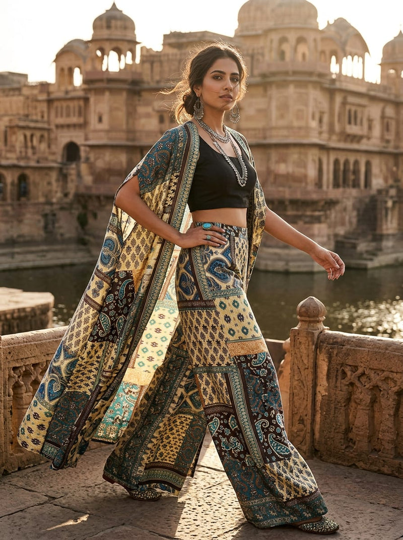 Multicolor Ethnic Paisley Patchwork Dola Silk Digital Printed Fabric