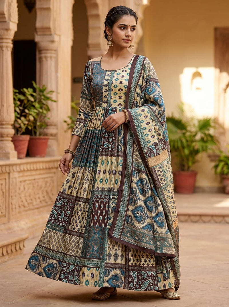Multicolor Ethnic Paisley Patchwork Dola Silk Digital Printed Fabric