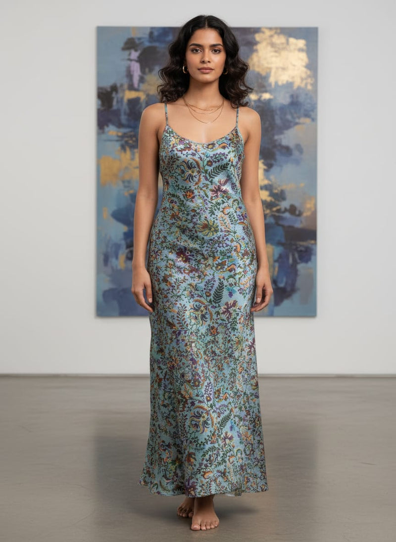 Blue Floral & Leaf Dola Silk Printed Fabric by FAB VOGUE Studio