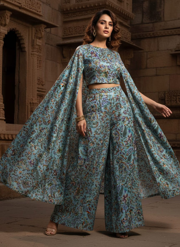 Blue Floral & Leaf Dola Silk Printed Fabric by FAB VOGUE Studio - Cape with Palazzo Lookbook - DS-0-AA790-110 - alternate view