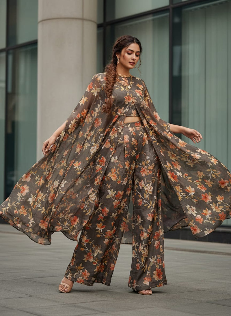 FAB VOGUE Studio Coffee Brown Floral Printed Dola Silk Fabric