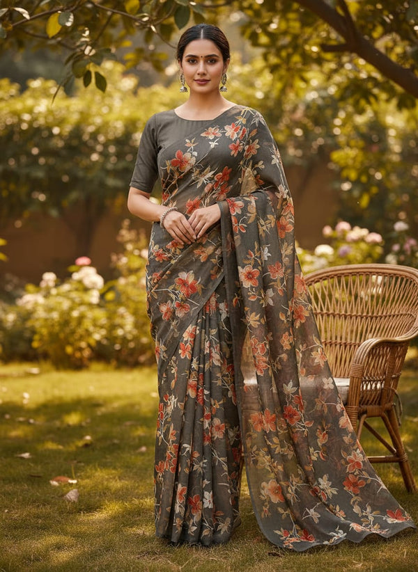 FAB VOGUE Studio Coffee Brown Floral Printed Dola Silk Fabric - Saree Lookbook - DS-0-AA791-110 - alternate view