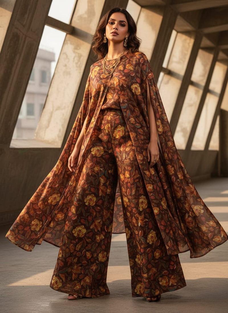 Floral Coffee Brown Dola Silk Fabric - Polyester Print