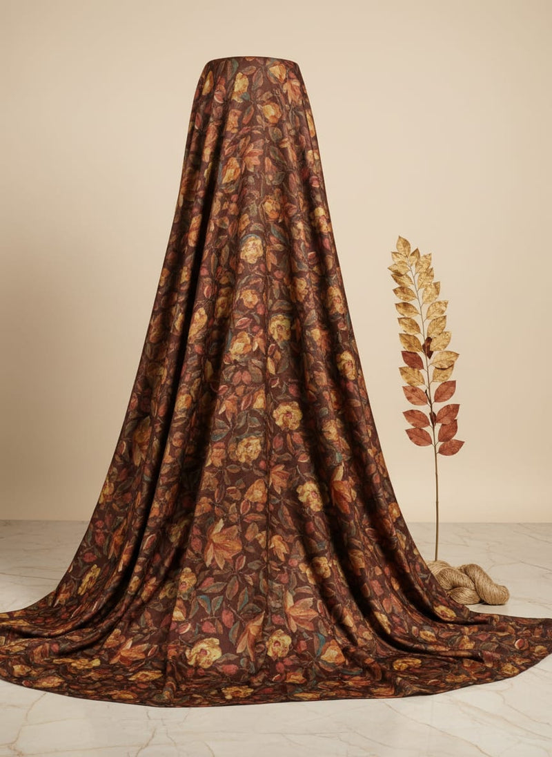 Floral Coffee Brown Dola Silk Fabric - Polyester Print