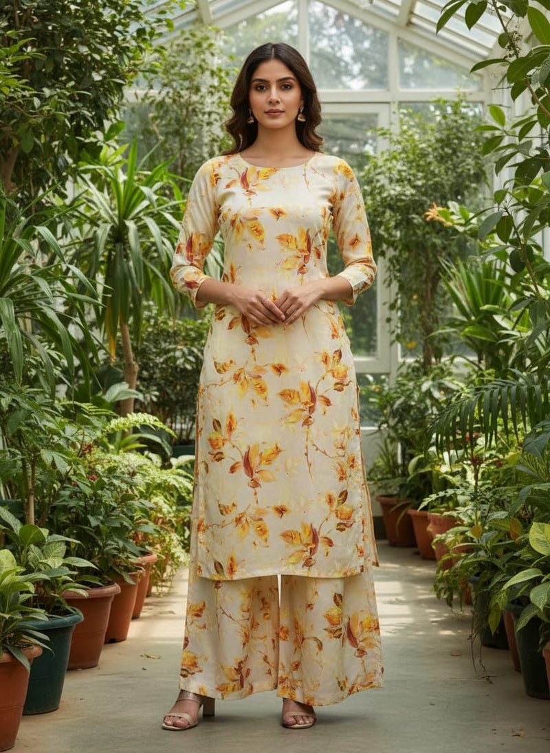 Vibrant Yellow Orange Floral Printed Polyester Fabric