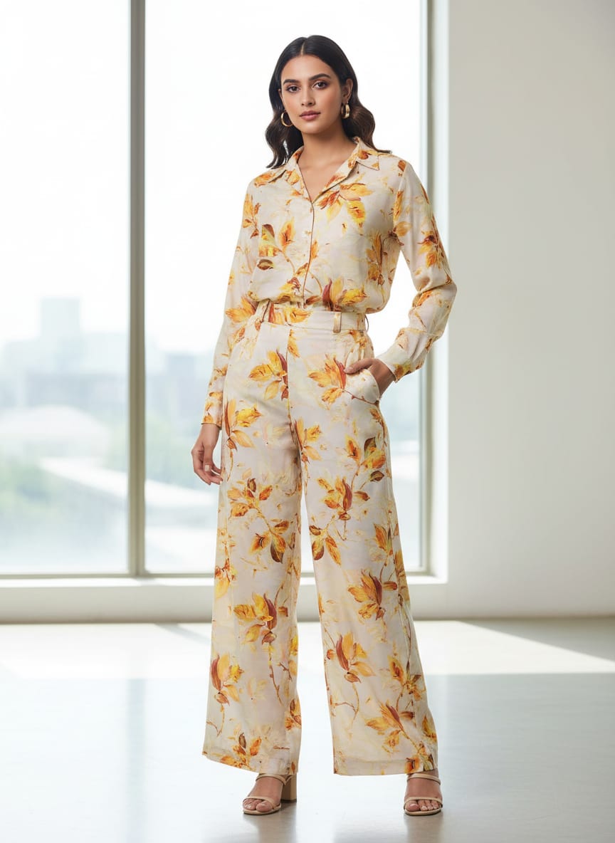 Vibrant Yellow Orange Floral Printed Polyester Fabric