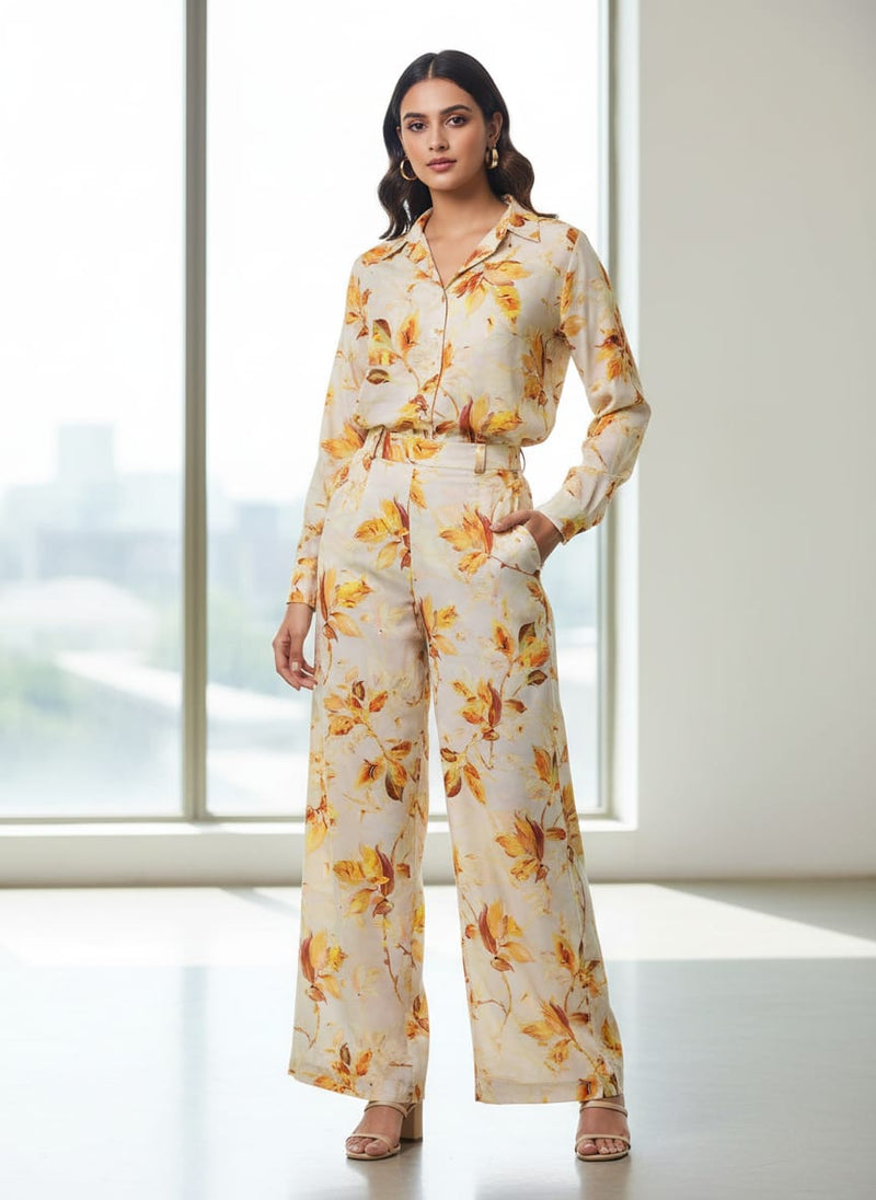 Vibrant Yellow Orange Floral Printed Polyester Fabric