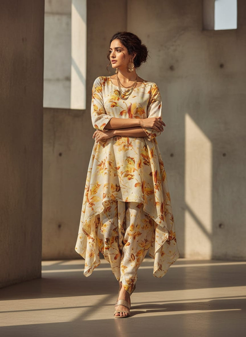 Vibrant Yellow Orange Floral Printed Polyester Fabric