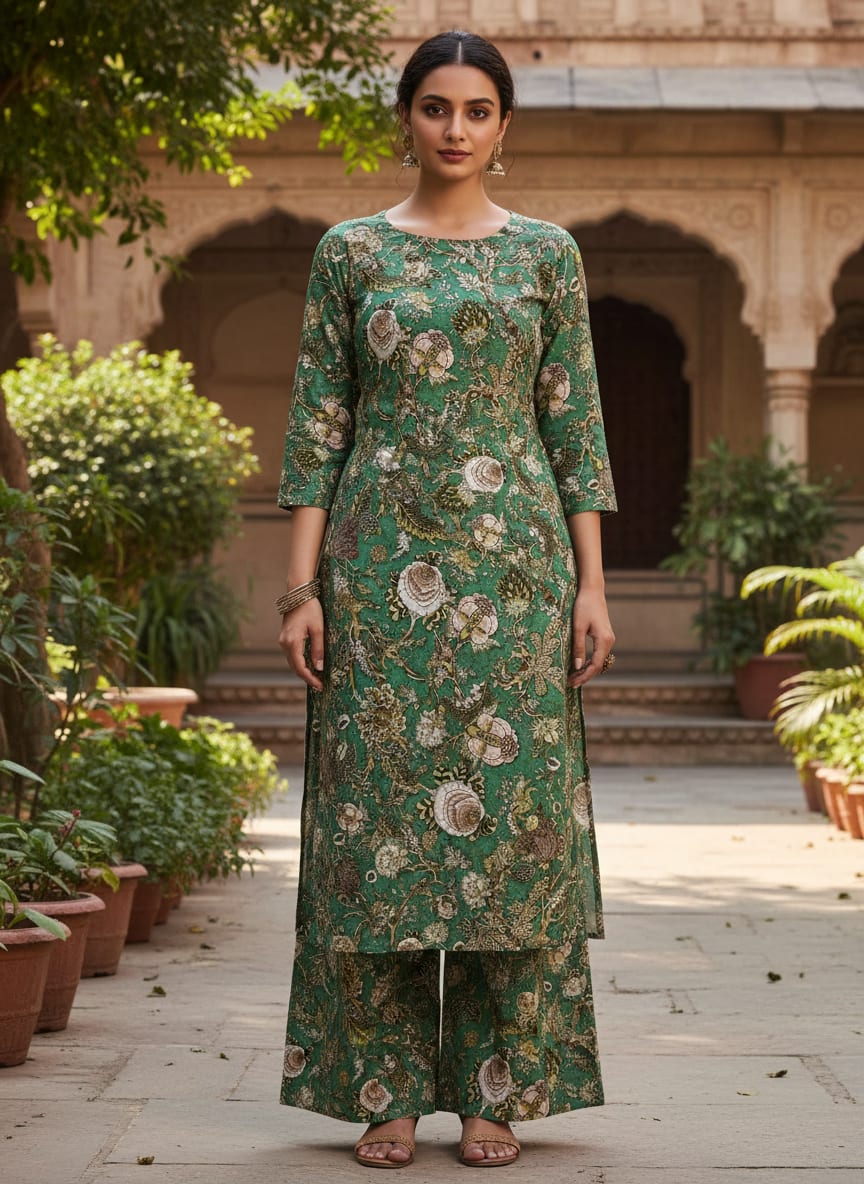 Emerald Green Floral Printed Polyester Fabric