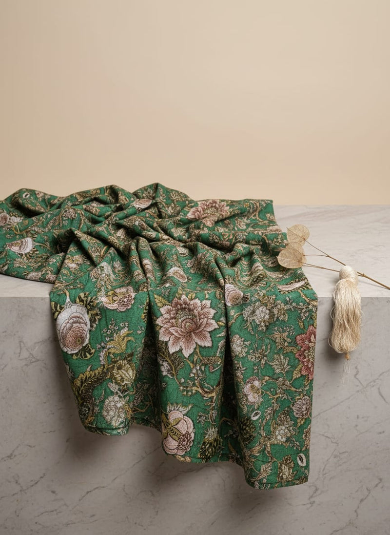 Emerald Green Floral Printed Polyester Fabric