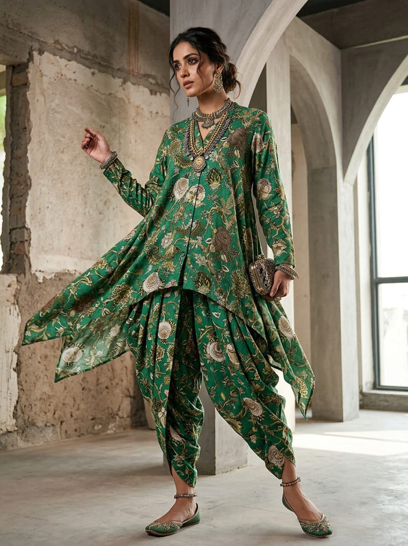 Green Ethnic Floral Garden Premium Quality Digital Printed Fabric
