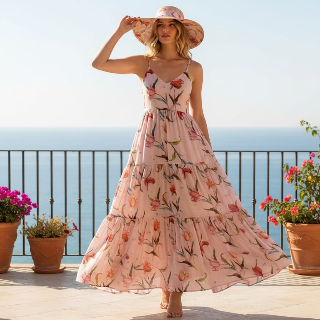 Pink Tulip Floral Print Premium Polyester Fabric for Apparel