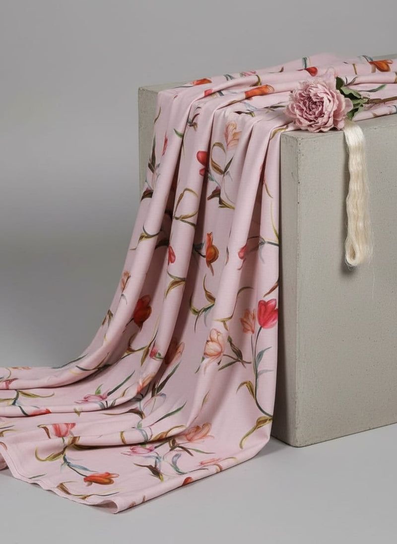 Pink Tulip Floral Print Premium Polyester Fabric for Apparel